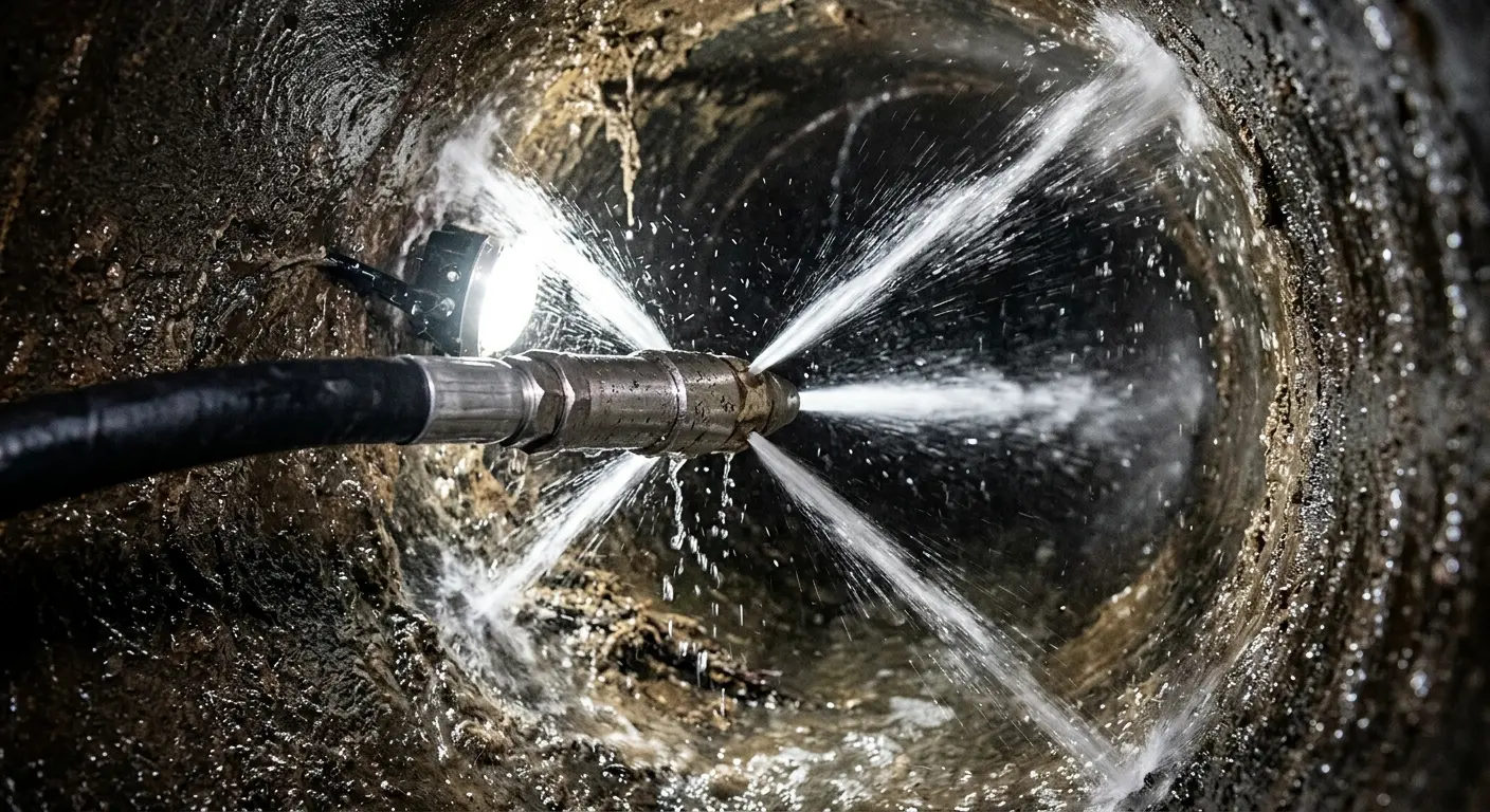 High-pressure hydro jetting nozzle cleaning sewer pipe for Emergency Drain Service in Lakeville