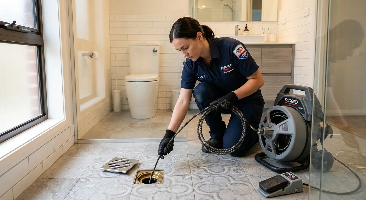 Technician clearing a bathroom floor drain for Drain Repair in Lakeville